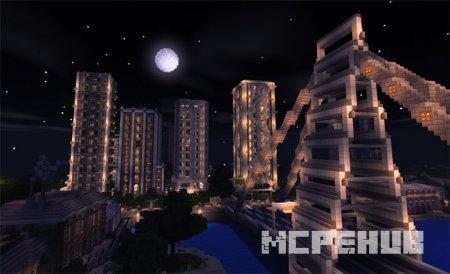 Огромный мост на въезде в ночной город, полностью освещённый в ночное время