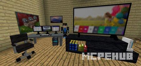 Очень крутые новые декорации, среди которых телевизор и игровой ПК