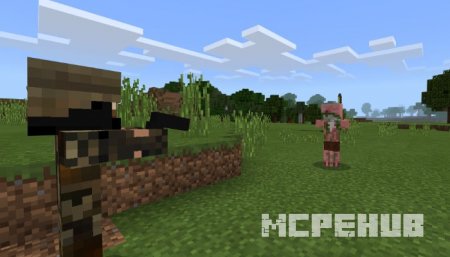 Солдат направил пистолет на зомбисвиночеловека