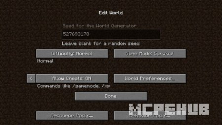 Представление обновлённого меню по редактированию мира