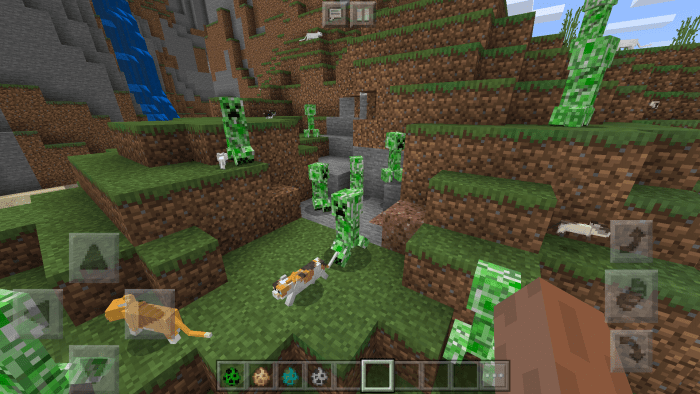 Куча криперов, не боящихся кошек, у входа в пещеру