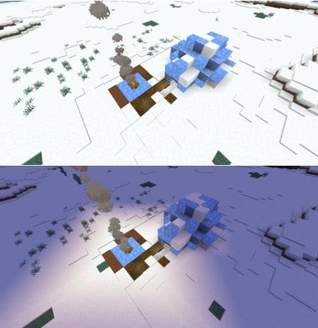 Взгляд на иглу в снежном биоме днём и ночью