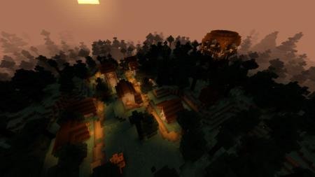 Представление вида на деревню в лесу с шейдерами "Ультраминимум"