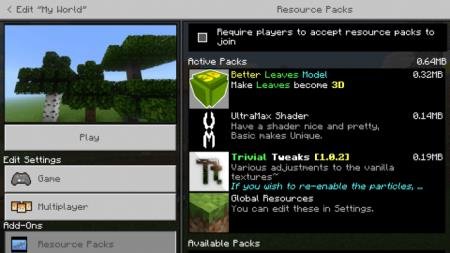 Активированный пакет текстур "Трёхмерные листья" в настройках игры