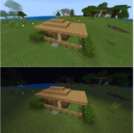 Уютная садовая хижина, представленная в игре днём и ночью