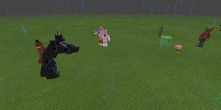 Множество аниматроников стоят на поле под дождём