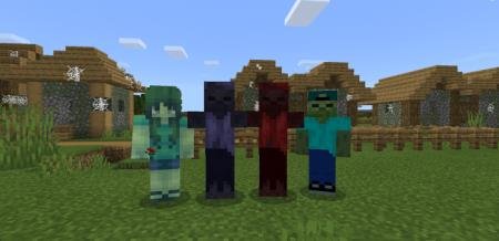 Девочка-зомби, фиолетовый и тёмно-красный зомби, а также зомби с повязкой на голове