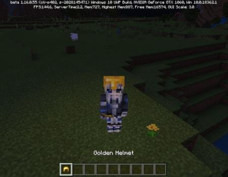 Игрок стоит в золотом шлеме, освещающем всё вокруг на расстоянии 7 блоков