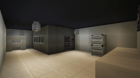 Особо защищённая комната на зоне SCP 19 с тумбочкой и парой светильников