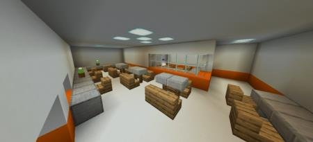 Множество столов и сидячих мест в кафетерии тюрьмы