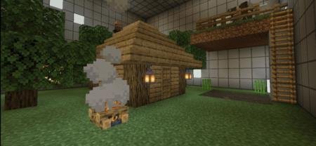 Биом равнины с построенным домом и разведённым костром на базе в космосе