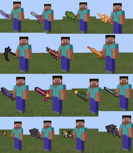 Игрок с различными видами проработанных мечей в руках