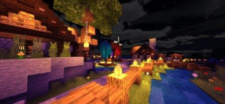 Фонари, установленные на заборе возле реки горят в ночное время