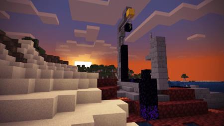 Красивый вид заката в Майнкрафт на фоне холма возле реки