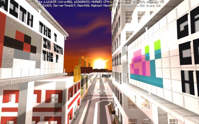 Лучи, падающие на рассвете солнца в городе Майнкрафт