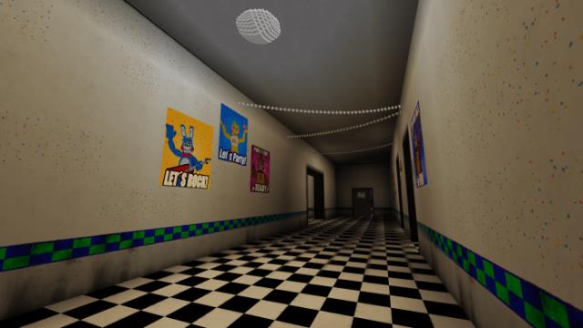 Коридор, украшенный различными плакатами аниматроников