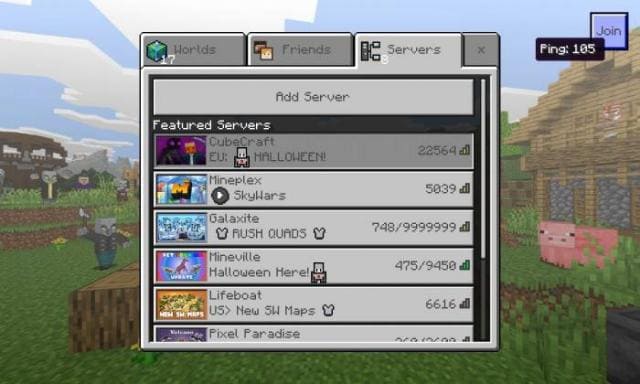 Меню серверов