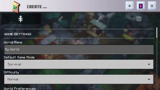 Меню создания мира