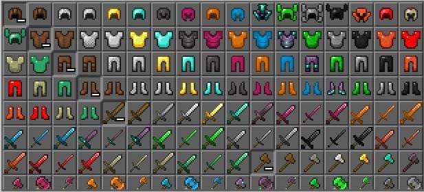 Все виды инструментов, брони и оружия в игре