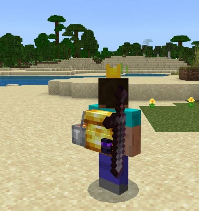 Золотой рюкзак с мечом на спине