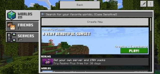 Экран выбора миров с ванильными текстурами